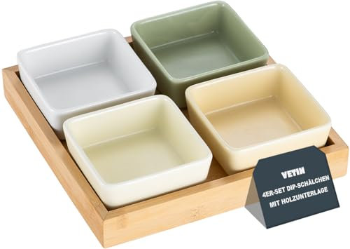 VETIN 4 * Dipschalen Set mit Brett Holz, Servierschalen Set, Snackschalen (Farbmischung 4er Set)