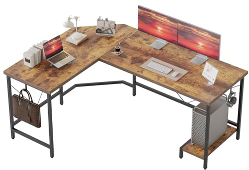 Mericonia L Shaped Desk, 135x110 cm Corner Gaming Desk for Home Office, Computer Desk Sturdy Writing Workstation for Small Space, Easy to Assemble, Brown