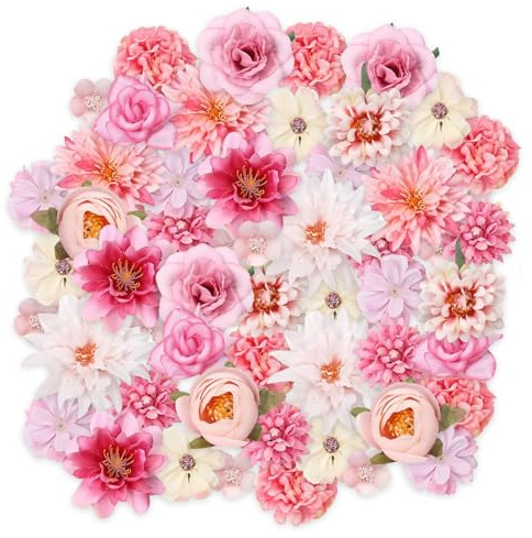 Foonary Fiori artificiali, 55 pezzi, teste di fiori artificiali, piccole decorazioni, simulazione, elegante fiore fai da te, teste di fiori artificiali, rosa, per matrimoni, feste, artigianato