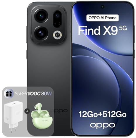 OPPO Find X9 5G 12+512GB, Smartphone liberado con IA, Pantalla ProXDR 6.59 120Hz, Cámara Hasselblad de 50 MP, 4K Motion, 7025 mAh, IP69, Space Black (Incluye Cargador SUPERVOOC 80W y Enco Air4)
