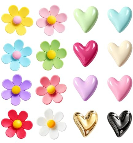 Cesujowaz Fridge Magnets Cute Fridge Magnet Set, 16 Pack Small Magnets Mini Magnets for Kitchen Decor Accessories, Flower and Heart Resin Refrigerator Magnets