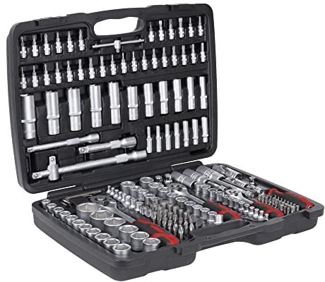 STIER Steckschlüssel Satz, 179-teilig, 1/2 Zoll 1/4 Zoll & 3/8 Zoll Umschaltknarre, Sechskant-Steckschlüsseleinsatz, Torx- Schlitz- Phillips- Pozidrive- Bit-Steckschlüsseleinsätze