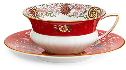 Wedgwood 40024021 Wonderlust Crimson Orient Teetasse und Untertasse, Feines Knochenporzellan, Purpurfarbener Schmuckstein