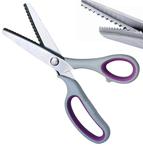 JISTL Forbici dentellate per tessuti, ultra affilate, per mancini, con manico in acciaio inox, forbici professionali per sartoria e cucito a zig zag, forbici artigianali (beige e viola)