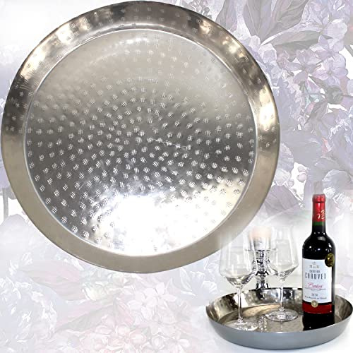 ORIENTALISCHE DEKOSCHALE Silber 36 cm Ø RUND aus Metall | Serviertablett Dekoschale Kerzenhalter Dekotablett Teetablett Wohndeko