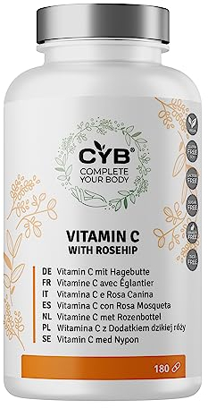 CYB | Vitamin C Hochdosiert & Hagebutten Kapseln - Vitamin C 1000mg Hagebuttenpulver 60mg - 180 Tabletten 3 Monate Vorrat - Veganes Tages Präparat - Laborgeprüft