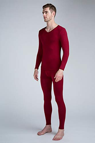 Herren Thermounterwäsche Set V-Ausschnitt Elastische Leichte Lange Johns Männlich Dünne Thermische Unterwäsche Anzüge, Wein Rot, 5XL