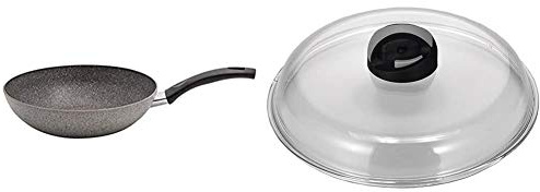 BALLARINI Cortina Granitium Padella Wok 1/M, Alluminio, Grigio, 28 cm & Cortina Granitium Igloo Coperchio in Vetro Trasparente, 28 cm