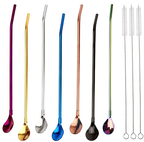 Strohhalme Löffel,Edelstahl Trinkhalme Löffel Wiederverwendbare Edelstahl Trinkhalme Löffel 7 Stück 2 in 1 Metall Löffel-Strohhalme für Smoothies Milchshakes Cocktail Kaffee mit 3 Reinigungsbürsten