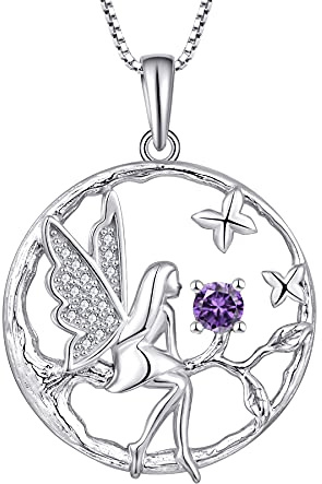 FJ Schutzengel Halskette Anhänger 925 Sterling Silber Engel Kette Damen Fee Schmetterling Baum des Lebens Halskette mit Geburtsstein Zirkonia Schmuck Geschenke für Frauen Mädchen