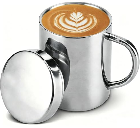 Cyrank Tazza da caffè da campeggio, tazza da tè in acciaio inossidabile Tazza isolante a parete doppia con manico e coperchio per casa, ufficio, viaggio(S)