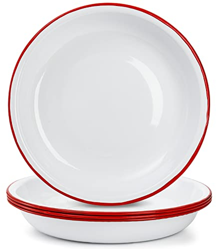 Lawei Set of 4 Enamel Dinner Plates, 10 Inch Round Dinner Plate with Red Rim, Retro Salad Pasta Bowls Enamel Deep Dinner Serving Platter for Dinner, Outdoor, Picnic, BBQ, Butter