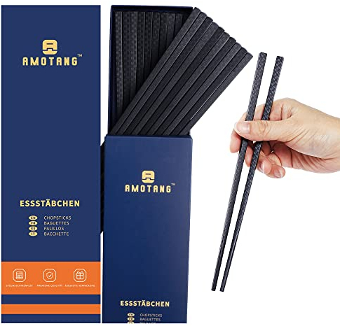 AMOTANG 10 Paar Essstäbchen Set, Wiederverwendbar Sushi Stäbchen aus Fiberglas, Rutschfeste und Spülmaschinenfeste Chinesisches Chopsticks mit Gravur, 24cm - Schwarz Band