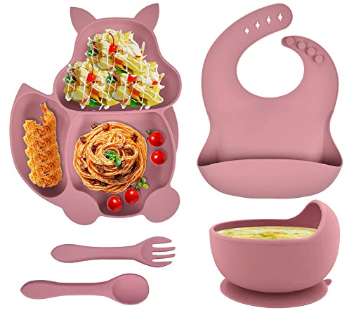 Baogaier Kinderteller Set Silikon Geschirrset mit Saugnapf Gabel Löffel Schüssel Lätzchen, 5 Stücke Babyteller Baby Essen Set Rosa Antirutsch BPA Frei Kindergeschirr Set für Kleinkinder Kinder Mädchen