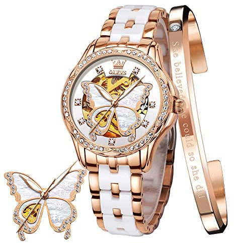 OLEVS Women's Rose Gold Automatic Watches Skeleton Mechanical Ladies Elegant Luxury Wristwatch Diamond Ceramic Band Butterfly Self Winding Dress Watch