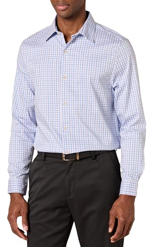Amazon Essentials Chemise Extensible à Manches Longues pour Homme, Coupe Classique, Carreaux Bleu et Blanc, Taille XS