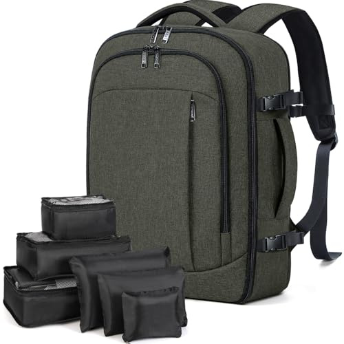 Lekespring Große Rucksack Handgepäck für Damen Herren, 17 Zoll Laptop Rucksack Reiserucksack mit 6 Teilige Kleidertaschen-Packing Cubes für Urlaub Business Arbeit, Grün