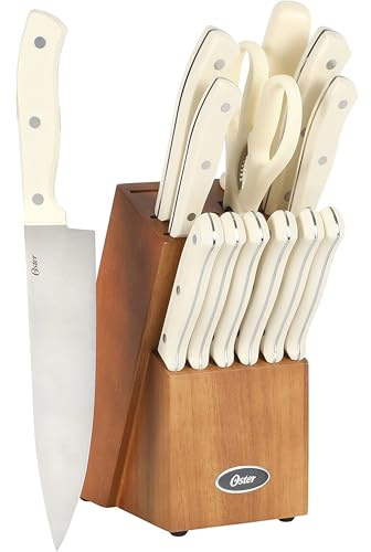 Oster Evansville 14 Piece Cutlery Kitchen Knife Block Set, Stainless Steel w/Linen White Handles - Cuchillos Para Cocina