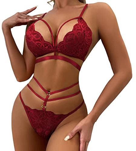 QKEPCY Sexy Lingerie Set Biancheria Intima Delle Donne Set 2-Piece Set Biancheria Intima Passione Perizoma Pigiama Regolabile In Pizzo Cinghie Di Spalla Due Reggiseni (Rosso M)