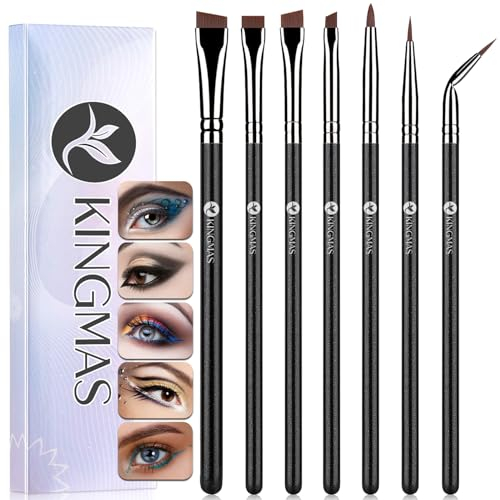 KINGMAS Fine Angled Eyeliner Brush, Premium 7 Pieces Gel Eye Liner Makeup Brushes, Angled Flat Definer Ultra Thin Bent Pencil Point Eyeliner Brushes for Women Girls