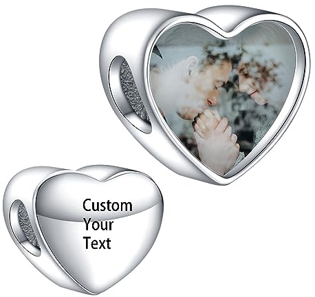 LaMenars Personalized Photo Charms Añadir cuentas de plata esterlina talladas con imágenes personalizadas pulseras y collares en forma de corazón para mujeres regalos para niñas