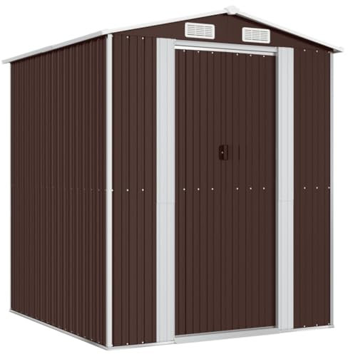 vidaXL Garden Shed - Dark Brown Galvanised Steel Outdoor Storage for Garden Tools and Pool Equipment, with Easy Access Slide Gate and Ventilation System