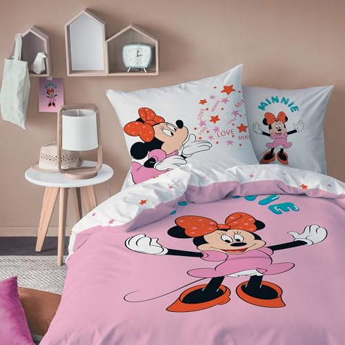Disney Home Minnie Happy Parure de lit 100% Coton - Licence Officielle | Housse de Couette 140x200 cm + 1 taie 63x63 cm | Fermeture avec rabat | Chambre enfant, lit 1 place | Certification Oeko-Tex