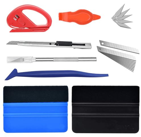 EIHI 8 Stück Rakel Für Folie, Folierungs Werkzeug Für Auto Folie, Rakel Set Für Tönungsfolie Auto, Car Wrapping Folie, 2 Filzrakel, Cutter, Präzisionsmesser, Messer Mit 5 Klingen