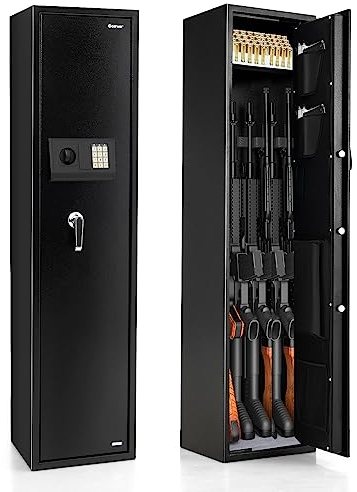 COSTWAY Gun Cabinet, 5 Rifles Gun Safe with Digital Keypad, Emergency Keys, Lockable Ammo Compartment & Storage Pockets, Electronic Shotgun Safe Rifle Security Cabinet for Home Long Gun and Pistols