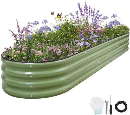 Permade Galvanized Raised Garden Bed Outdoor- 8x2x1FT Planter Box, Green | Metal Raised Beds for Gardening, Steel Raised Garden Bed Kit with Safety Edging and Gloves for Vegetables, Flower, Herbs