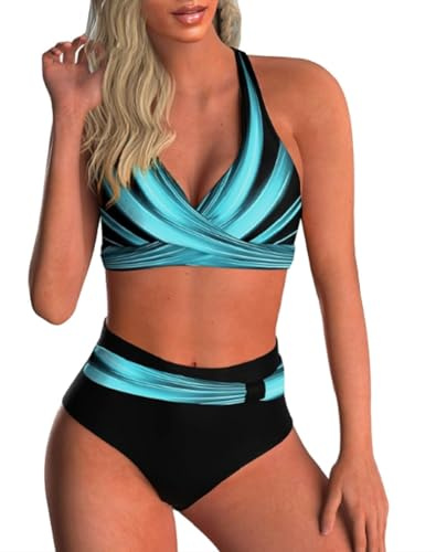 CheChury Donna Costume da Bagno Push Up Bikini Scollo a V Swimsuit Halter Imbottito Reggiseno Taglie Forti Bikini con Stampa Due Pezzi Alto Waisted Bikini Sets Triangolo Brasiliano Regolabili