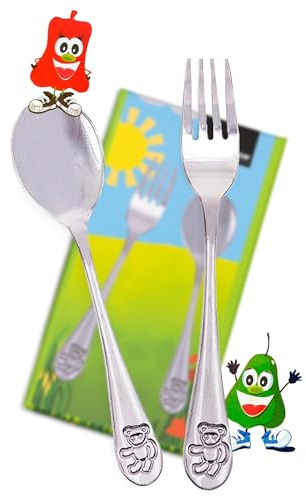Steel-Function Kinderbesteck Set 2 Teilig | Kinderbesteck Edelstahl zur Entwicklung feinmotorischer Essfertigkeiten | Kinder Besteckset mit Teddybär-Motiv | Kinder Besteck in Stilvollem Design