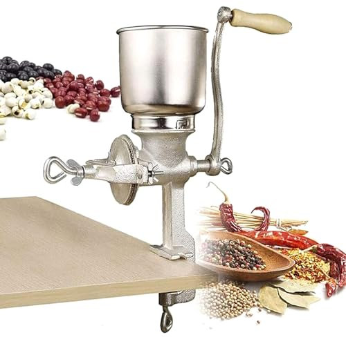 Grain Grinder Mill, Manual Coarse Grinding Tool with Large Hopper and Hand Crank, Table Clamp Design and Adjustable Coarseness, 304 Stainless Steel Material, for Corn, Spices, Pepper, Wheat