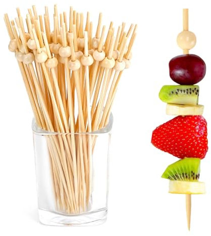 100 brochetas de madera para decoración de cócteles, para aperitivos, para aperitivos, comida para fiestas, palillos de fruta, accesorios para comida para dedos (12 cm)