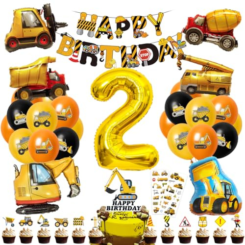 Cadimus Bagger Deko Kindergeburtstag 2, Geburtstagsdeko Junge, Baustelle Geburtstag Mit Happy Birthday Banner, Folienballons 2 Jahre alt und Kuchen Deko