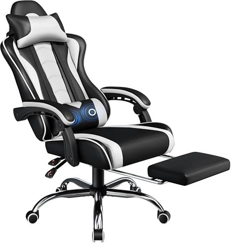 Yaheetech Gaming Stuhl Ergonomischer Gamer Stuhl mit Massagefunktion Computerstuhl mit Fußstütze Bürostuhl 90-135° Rückenlehne verstellbar Gaming Sessel PC Stuhl Weiß