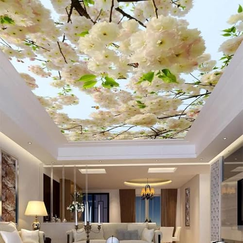 YIBUHANG Papier peint auto-adhésif en pvc pour plafond, papier peint 3d pour salon, esthétique tridimensionnelle, fleur de cerisier, autocollant d'art mural pour plafond de chambre à coucher