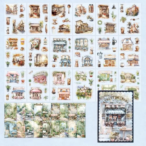 Scrapbook-Zubehör-Set, 54 Blatt Garten, Blumen, Straßenlandschaft, vorgeschnittene transparente Washi-Aufkleber aus PET mit Collage-Papier, Ephemera für Junk Journaling, Scrapbooking
