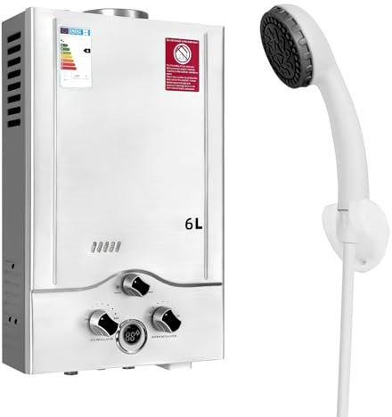 Scaldacqua a Gas, scaldabagno a gas propano GPL 6L con kit doccia, con modalità inverno ed estate, scaldabagno istantaneo senza serbatoio 16kw, per casa ed esterno (B)