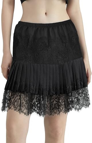 GOOBGS Women's Mini Underskirt Shirt Extensions Lower Skirt Sweep Shirt Extension Skirt with Buttons Lace Ruffle Pleated Black XX-Large