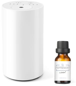 LOXIM Waterless Portable Diffuser with Peppermint Essential Oil, Aromatherapy Diffuser with Battery Operated, 3 Cold Mist, Timer 1/2/3H, for Cars, Home, Office, Bedroom, Spa, Travel (White)