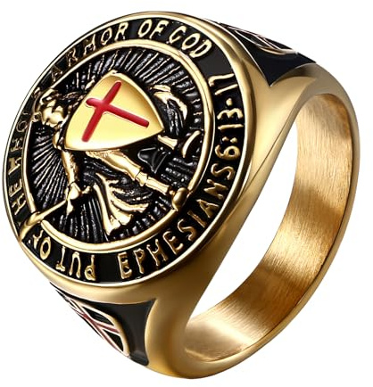 Flonge Men's Saints Michael Ring: Punk Knights Templar Cross Armor Shield Ring Biker Stainless Steel Signet Ring Catholic Medal Amulet Jewelry Gift Gold #10