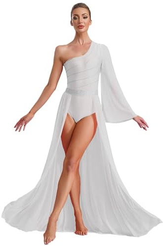 Jhaoyu Vestido de baile con purpurina para mujer, estilo lírico, estándar, vals tango, vestido de ballet con estrás, manga larga, maillot de baile con falda larga, Blanco, M