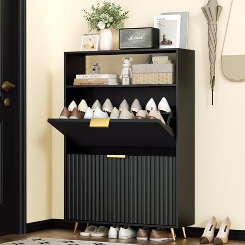 Urban Deco Schuhschrank Schwarz, 75 x 24 x 116 cm, Schuhkipper mit 2 Klappen, Schuhregal Schmal mit Metallfüßen, Schuhschrank Holz für Eingangsbereich, Flur, Schwarz