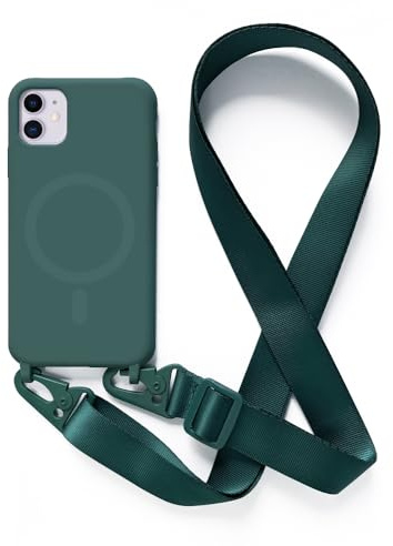 Leather Armor Handykette Hülle für iPhone 11(6.1) mit Band Halsband Lanyard (abnehmbar) Handyhülle, Verstellbarer Lanyard.Magnetisch Stoßfest Silikonhülle Wireless Charging kompatibel .-Grün