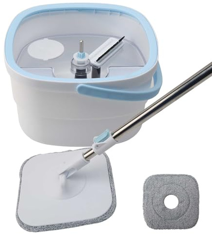 Spin Mop And Bucket Set With Built- In Wringer And Holder, Separate And Dirty Water System Floor Mop, With 2 Replaceable Microfiber Pads And Sturdy Bucket For All Floor Types