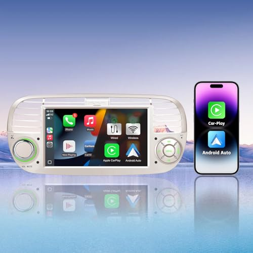 Radio para Fiat 500 (2007-2015) Pantalla Autoradio Inalámbrico CarPlay&Android Auto, FM/Dab RDS, Bluetooth (Blanco)