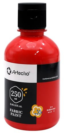 Artecho Rot Textilfarbe waschmaschinenfest, waschfeste Stoffmalfarben (250ml) in Flaschen, wasserfeste Stofffarben für Kinder auf T-Shirt, Schuhe, Jeans, Tasche, Kleidung