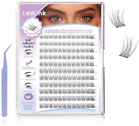LaWink Natural Pre Glued Cluster Lashes 132Pcs 10-16mm C curl Self Adhesive Eyelashes Lash Clusters DIY Lash Extension Kit Press On Lash ReadyBond Lashes No Glue No Remover Needed Wispy Look