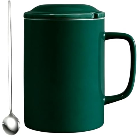 NIUKOMY 1000ml/33oz Large Ceramic Coffee Mug with Lid & Spoon, Dark Green